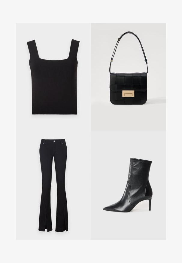 Juodas kvadratinės iškirptės marštinis, pagamintas iš lygaus audinio. Yra plačios petnešėlės ir prigludusi siluetas su tvarkinga apdaila. Matomų raštų nėra.; Juodos flared džinsai, pagaminti iš minkštos denimo, su įpjovomis ties kulkšnimi, dviem priekinėmis kišenėmis ir metaliniu mygtuko užsegimu. Klasikinio dizaino su švariu apdaila.; Juodi kulkšneliai, pagaminti iš lygaus odos, su smailiu nosiu, prigludusia ašimi ir siauru aukštu kulnu. Minimalistinis dizainas be matomų detalių.; Loeffler Randall DESI CROSSBODY WITH LOCK HARDWARE - Rankinė per petį - black