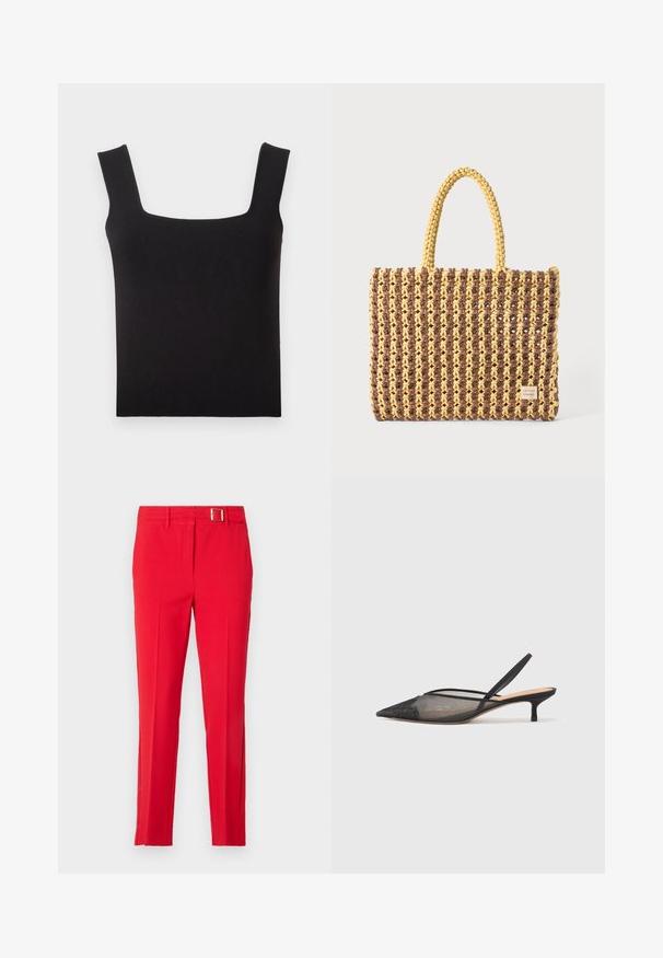 Crna majica s kvadratnim izrezom napravljena od glatke tkanine. Ima široke naramenice i prianjajuću siluetu s čistim rubom. Nema vidljivih uzoraka.; Crvene krojene hlače od glatke tkanine, slim fit kroja, s remenom s metalnom kopčom. Imaju oštre nabore i bočne džepove.; NEOUS IRENA - Klasične cipele s visokom petom - black; Tkanirana torba u smeđoj i žutoj boji, s pravokutnim oblikom, dvije ručke i teksturiranom površinom s vidljivim šavovima i oznakom brenda.