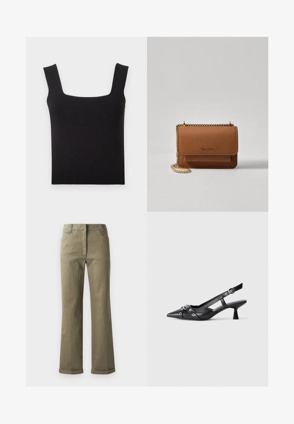 Débardeur noir à encolure carrée en tissu lisse. Doté de bretelles larges et d'une silhouette ajustée avec un ourlet net. Pas de motifs visibles.; Pantalons larges beige en tissu doux. Comprend un ourlet roulé, des poches avant et une fermeture éclair avec bouton.; Chaussure slingback en cuir noir avec un bout pointu, des sangles décoratives avec œillets en métal et un petit talon carré. Surface texturée.; Sac en cuir texturé marron en bandoulière avec une sangle en chaîne dorée et une fermeture à rabat. L'avant présente un détail de logo et une poche sous le rabat.