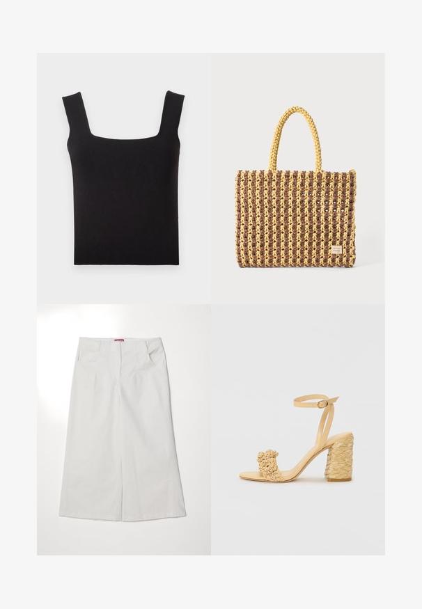 Top fără mâneci, cu decolteu pătrat, realizat dintr-un material neted. Are bretele late și o siluetă ajustată cu un tiv curat. Fără modele vizibile.; Pantaloni albi cu picioare largi, din bumbac, având două buzunare frontale, o textură fină și un talie dreaptă cu un închizător ascuns.; Sandalie cu toc înalt bej, cu o textură împletită, având o floare decorativă și curea pentru gleznă. Tocul pătrat oferă stabilitate.; Geantă țesută în nuanțe de maro și galben, cu o formă rectangulară, două bretele de mână și un finisaj texturat cu cusături vizibile și un etichetă de marcă.