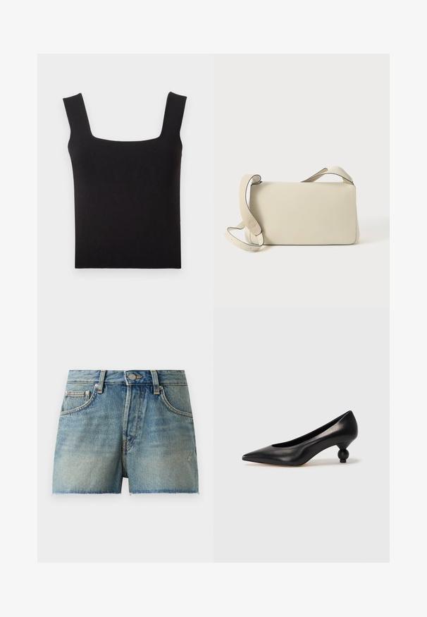 Čierny top s obdĺžnikovým výstrihom vyrobený z hladkej tkaniny. Má široké ramienka a priliehavý strih s čistým lemom. Bez viditeľných vzorov.; Džínové šortky vo svetlo modrej farbe, s vysokým pásom, rozstrapkaným lemom a tradičným piatym vreckovým štýlom s kovovým hardvérom.; Čierna kožená vysoká topánka na podpätku s ostrým špičkou a okrúhlym, guľatým podpätkom. Hladký povrch s moderným, minimalistickým dizajnom.; Krémová kožená taška cez rameno s nastaviteľným popruhom a klopou, na čistom bielom pozadí.