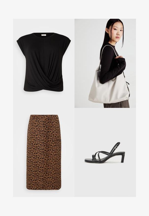 Fekete póló kerek nyakkivágással, rövid ujjakkal és csavart elülső részletével, ami extra textúrát ad neki. Puha, rugalmas anyagból készült.; Leopárdmintás ceruzaszoknya barna és fekete árnyalatokban, sima textúrával, elegáns dizájnnal és egyenes szabással. Zsebekkel is rendelkezik.; Fekete pántos szandál négyzetes orral és alacsony blokk sarkal. Több vékony pánttal és állítható boka pánttal rendelkezik. Sima bőrből készült.; Puha anyagból készült bézs kézitáska, laza dizájnnal, varrott részletekkel és két vállpánttal. Mindennapi használatra alkalmas.
