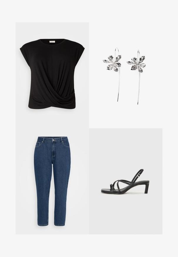 Black T-shirt featuring a round neckline, cap sleeves, and a twisted front detail for added texture. Made from a soft, stretchy fabric.; Dark blue high-waist straight-leg denim jeans with front pockets, belt loops, metal button, and zipper closure on a white background.; Black strappy sandal with a square toe and a low block heel. Features multiple thin straps and an adjustable ankle strap. Made of smooth leather.; Silver flower-shaped earrings with a textured finish, featuring long hooks and petal-like details for an intricate design.