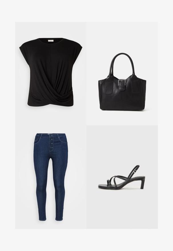 Crna majica s okruglim izrezom, kratkim rukavima i zakovrčenim prednjim dijelom za dodatnu teksturu. Napravljena od mekanog, rastezljivog materijala.; Tamno plave uske traperice s visokim strukom, koje imaju pet dugmadi sprijeda, standardni dizajn džepova i glatku teksturu.; Crne sandale s trakama, kvadratnim prstom i niskom blok petom. Ima više tankih trakica i podesivu trakicu oko gležnja. Izrađene su od glatke kože.; Crna kožna torba za nošenje s glatkom teksturom, strukturiranim oblikom, dvije ručke i istaknutim srebrnim kopčanjem na prednjoj strani.