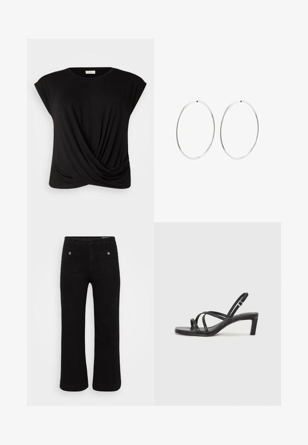 Camiseta negra con cuello redondo, mangas tipo capa y un detalle frontal retorcido que aporta textura adicional. Fabricada con una tela suave y elástica.; Pantalones de mezclilla negra con corte recto, cinco bolsillos y acentos de metal plateado. Textura suave y tejido duradero.; Sandalia negra de tiras con punta cuadrada y tacón bajo de bloque. Presenta múltiples tiras delgadas y una correa ajustable en el tobillo. Fabricada en cuero suave.; Pendientes de aro plateados con un diseño redondo y liso, y un acabado pulido. Son delgados y ligeros, y cuentan con un sencillo cierre de gancho.
