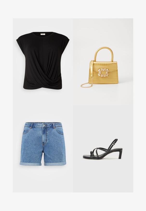 Fekete póló kerek nyakkivágással, rövid ujjakkal és csavart elülső részletével, ami extra textúrát ad neki. Puha, rugalmas anyagból készült.; Világoskék farmer rövidnadrág, felgombolt szegéllyel, öt zsebes dizájnnal, gombos záródással és steppelési részletekkel. Pamut anyagból készült.; Fekete pántos szandál négyzetes orral és alacsony blokk sarkal. Több vékony pánttal és állítható boka pánttal rendelkezik. Sima bőrből készült.; Sárga műbőr krokodil mintás kézitáska strukturált kialakítással, felső fogantyúval, leválasztható lánccal és díszes kristály díszítéssel a záron.