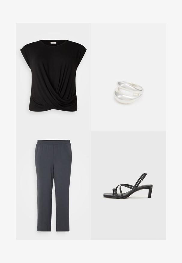T-shirt nero con scollatura tonda, maniche a cappuccio e un dettaglio frontale torcigliato per un tocco di texture in più. Realizzato in un tessuto morbido ed elasticizzato.; Pantaloni grigi scuri con vita elastica, realizzati in un tessuto testurizzato. Taglio dritto con una finitura liscia e senza decorazioni visibili.; Sandalo nero con cinturini, dalla punta squadrata e tacco basso a blocco. Presenta diversi cinturini sottili e una cinturini regolabile alla caviglia. Realizzato in pelle liscia.; Anello doppio in argento con superficie liscia e lucida. Presenta un design fluido e curvo con sezioni sovrapposte per un aspetto moderno.