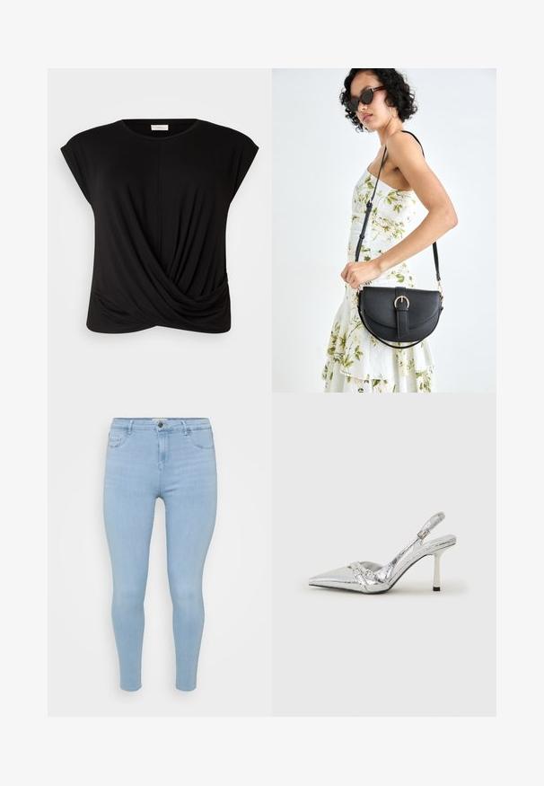 Camiseta negra con cuello redondo, mangas tipo capa y un detalle frontal retorcido que aporta textura adicional. Fabricada con una tela suave y elástica.; Vaqueros ajustados color azul claro de denim, con cierre de botón, cinco bolsillos y una textura suave y ligeramente descolorida.; Zapato de tacón alto plateado tipo slingback con punta afilada, acabado metálico, dos correas decorativas y un tacón delgado con punta negra.; Bolso de piel negra con forma curva, correa desmontable y herrajes dorados. El bolso cuenta con una solapa con un detalle de hebilla.