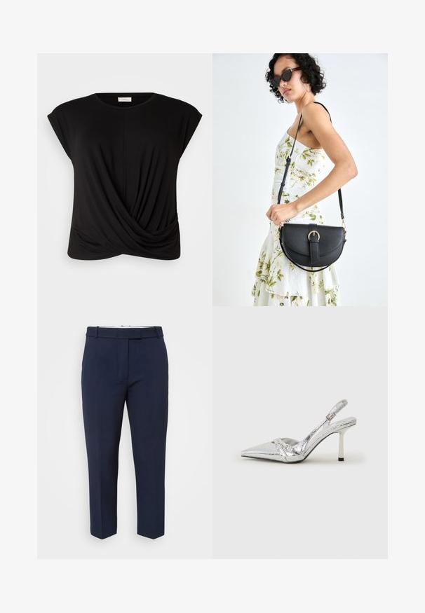 Fekete póló kerek nyakkivágással, rövid ujjakkal és csavart elülső részletével, ami extra textúrát ad neki. Puha, rugalmas anyagból készült.; Sötétkék, sima anyagból készült szabott nadrág, lapos elülső kialakítással, övhurkokkal és egyenes lábakkal.; Ezüst slingback magas sarkú cipő hegyes orral, fémszerű felülettel, két dekoratív pánttal és vékony sarkú, fekete végű dizájnnal.; Fekete bőrtáska ívelt formával, levehető pánttal és arany színű fémrészekkel. A táskán egy csattal díszített fedél található.