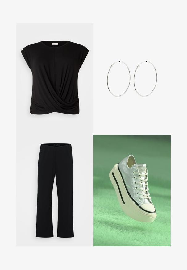 T-shirt nero con scollatura tonda, maniche a cappuccio e un dettaglio frontale torcigliato per un tocco di texture in più. Realizzato in un tessuto morbido ed elasticizzato.; Pantaloni neri a gamba larga realizzati in tessuto morbido. Presentano un elastico in vita e una superficie liscia. Nessun motivo o dettaglio visibile.; Sneaker in argento metallico con suola a piattaforma, lacci bianchi e dettagli neri. Presenta una punta arrotondata e una suola in gomma testurizzata.; Orecchini a cerchio in argento con un design rotondo e liscio e una finitura lucida. Sono sottili e leggeri, con una semplice chiusura a scatto.
