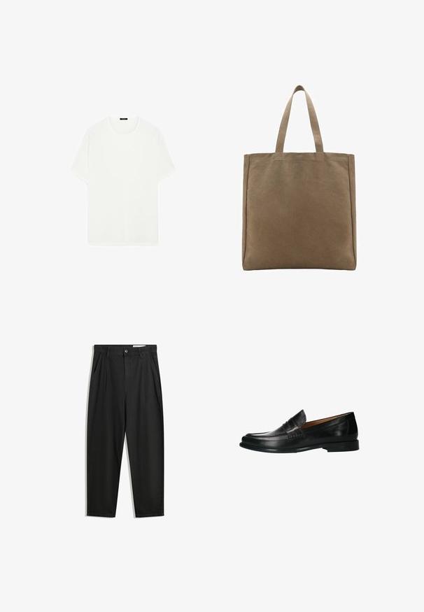 Witte korte mouwen t-shirt van zacht materiaal. Heeft een klassieke ronde halslijn en een rechte snit, zonder zichtbare patronen of accenten.; Zwarte katoenen broeken met een losse pasvorm, voorzien van een klassieke tailleband, voorplooien en zijzakken. Gladde structuur zonder patronen.; Zwarte leren instappers met een gladde afwerking, rond neuspunt en subtiele accentstiksels, met een laag profiel rubberen zool.; Canvas schoudertas in bruin, met twee stevige handvatten. Rechthoekige vorm met een gladde textuur en geen zichtbare versieringen.; Witte parelketting met een uniforme ronde vorm, gladde oppervlakte en een metalen sluiting met een uitbreidingsketting voor verstelbare lengte.