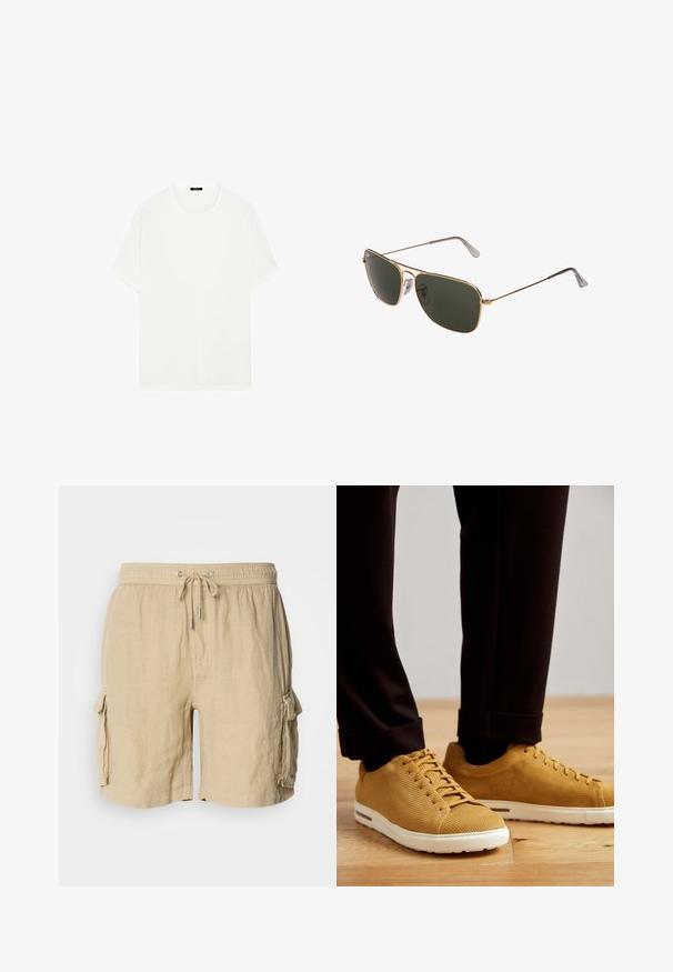 Bílý tričko s krátkým rukávem vyrobené z měkké tkaniny. Má klasický kulatý výstřih a rovný střih, bez viditelných vzorů nebo akcentů.; Béžové cargo šortky vyrobené z lehkého materiálu s elastickým pasem a šňůrkou na stažení. Obsahují dvě boční kapsy a texturovaný povrch.; Žluté pruhované tenisky s bílou podrážkou, s kulatou špičkou, šněrovacím designem a texturovaným povrchem, nošené s černými zkrácenými kalhotami na dřevěné podlaze.; Zlaté kovové pilotky s velkými tmavě zelenými čočkami, s tenkým rámem a transparentními nosními polštářky pro pohodlí.