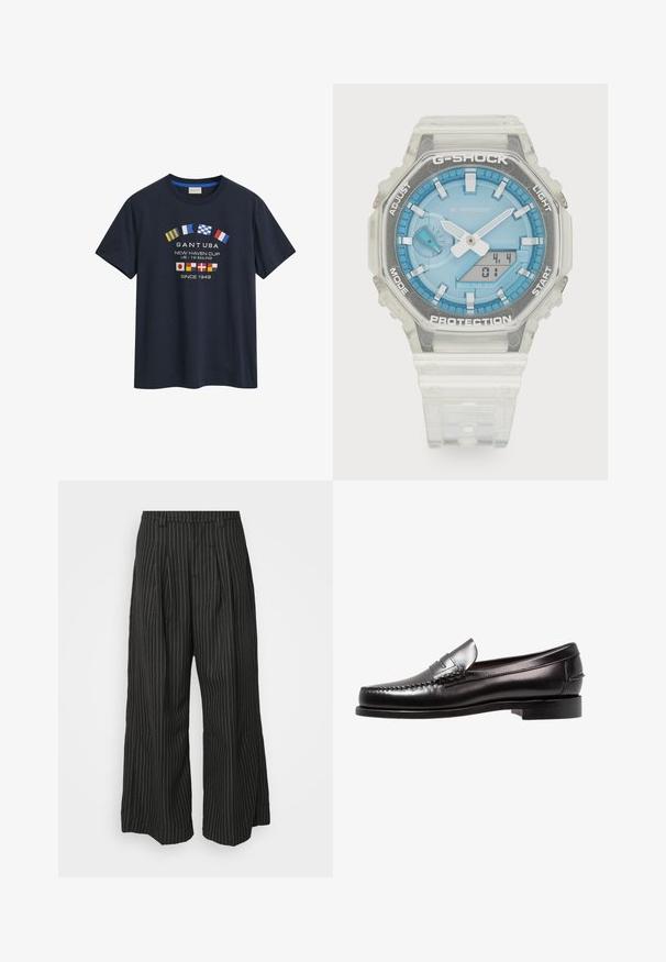 Marineblauwe katoenen T-shirt met een ronde halslijn en korte mouwen. Het ontwerp aan de voorkant bevat verschillende landenvlaggen en de tekst "GANT USA".; Zwarte gestreepte wijde broek met plooien, met een op maat gemaakt ontwerp en een zachte textuur. Geen zichtbare hardware of accenten.; Zwarte leren penny loafer met een lage hak, gladde oppervlakte en decoratieve stikdetails op de neus. Klassiek instapontwerp.; G-Shock-horloge met een heldere hars behuizing, blauwe wijzerplaat, metalen accenten, digitale weergave en een gestructureerde siliconen band. Waterbestendig tot 20 bar.