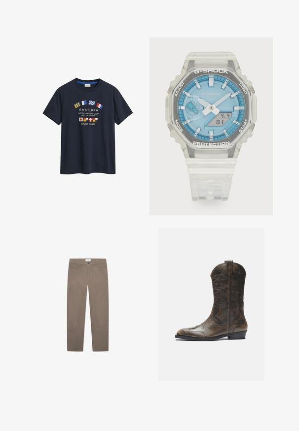 Marineblauwe katoenen T-shirt met een ronde halslijn en korte mouwen. Het ontwerp aan de voorkant bevat verschillende landenvlaggen en de tekst "GANT USA".; Bruine broek met een rechte snit, voorzien van voorzakken en accentstiksel langs de zijkanten voor extra detail en textuur.; Bruine leren cowboylaars met een hoge schacht, spitse neus, ingewikkelde stikpatronen en een kleine hak. Gevarieerde afwerking overal.; G-Shock-horloge met een heldere hars behuizing, blauwe wijzerplaat, metalen accenten, digitale weergave en een gestructureerde siliconen band. Waterbestendig tot 20 bar.