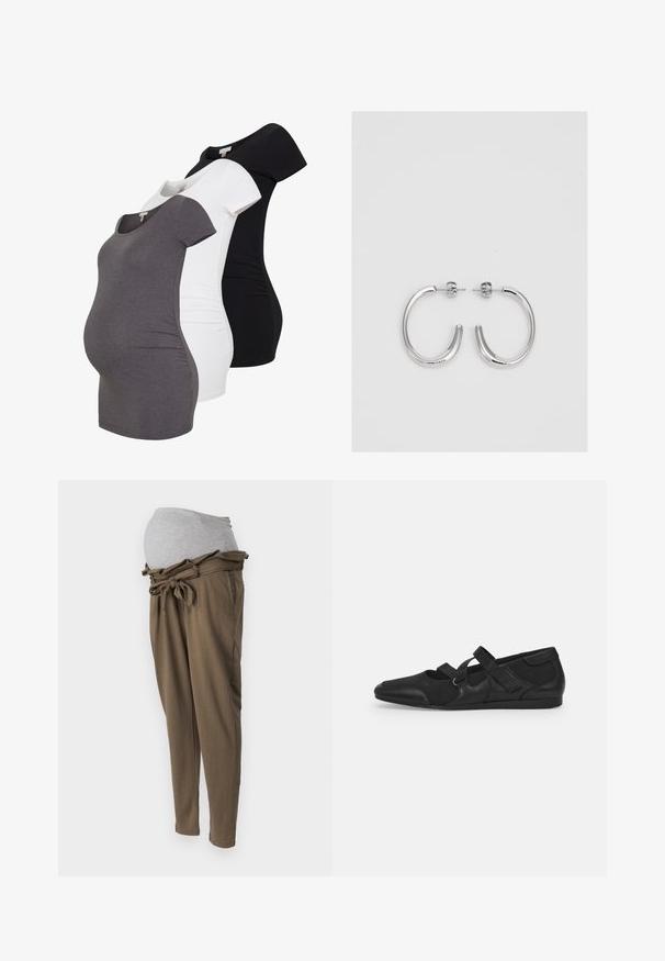 Kolme äitiys T-paitaa harmaana, valkoisena ja mustana. Jokaisessa on pyöreä pääntie, lyhyet hihat ja kootut sivusaumat istuvuutta varten.; Äidin housut oliivinvihreänä, harmaalla joustovyöllä. Varustettu vyötärönauhan soljella ja rentoa istuvuutta mukavuuden takaamiseksi. Sileä pinta.; Musta litteä kenkä, jossa on pehmeä, teksturoitu päällinen, jossa on kaksi säädettävää hihnaa ja pyöristetty kärki, kiinnitetty tasaiselle kumipohjalle.; Hopehopeet hopehopeet hopehopeet hopehopeet, jolla on sileä, kiiltävä pinta. Pyöreä muoto, kevyt rakenne, jossa on neulakiinnitys.