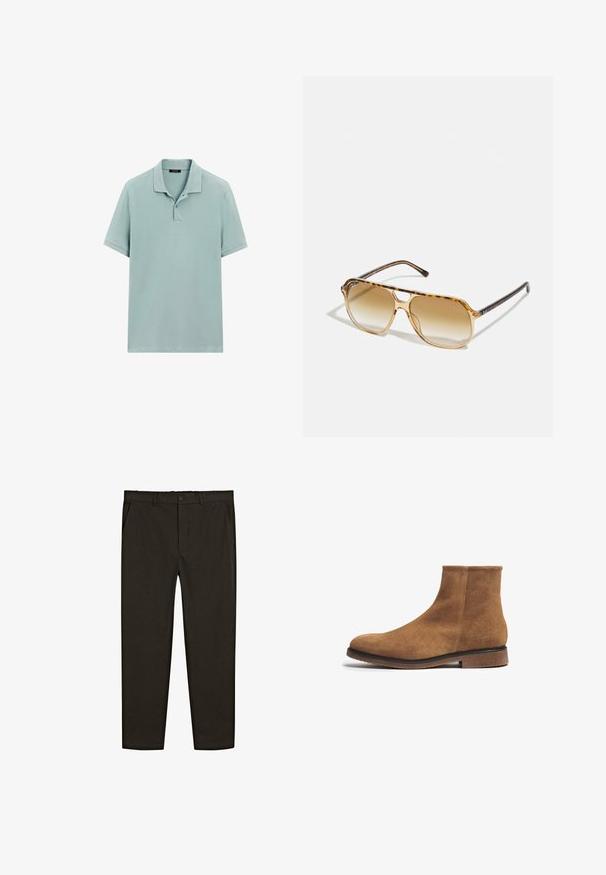 Jasnoniebieska koszulka polo wykonana z bawełny, z kołnierzykiem i zapięciem na trzy guziki. Krótkie rękawy i prosty dół.; Ciemnobrązowe, tkane spodnie o prostym kroju, z przednimi kieszeniami i zapięciem na guzik w pasie. Gładka tekstura.; FRED MARTIN COLLECTION SOTOGRANDE - Botki; Okulary przeciwsłoneczne w kolorze żółwia z prostokątną oprawką, brązowymi soczewkami w gradientzie i eleganckimi czarnymi zausznikami z subtelnymi akcentami logo.