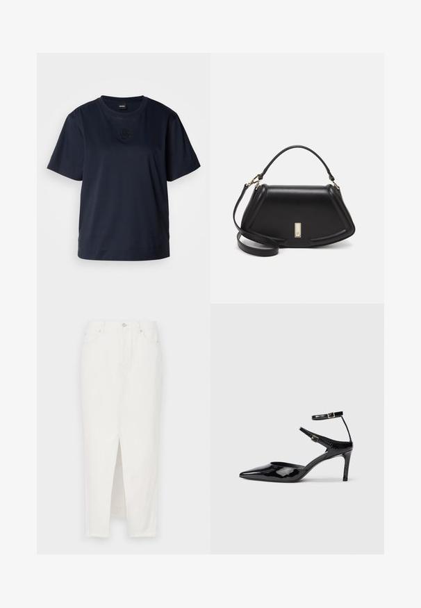 Navy blue short-sleeve t-shirt made of soft cotton. Features a rounded neckline and a subtle embroidered logo on the chest.; White denim skirt with a front slit, featuring a button and zipper closure, five pockets, and a raw hem at the bottom.; Black patent leather heels with a pointed toe, adjustable ankle straps, and a slender heel. Smooth texture with a shiny finish.; Black leather handbag with a structured design, featuring a cropped shape, top handle, and gold hardware accent. Adjustable shoulder strap included.