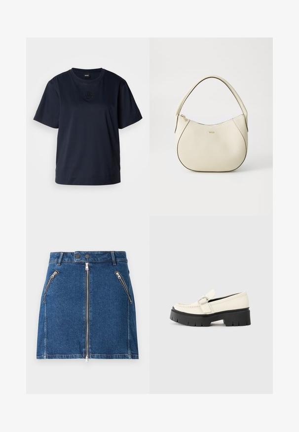 Tricou de culoare bleumarin cu maneca scurtă, realizat din bumbac moale. Previne o gât rotund și are un logo brodat subtil pe piept.; Fustă din denim de culoare albastră închisă, cu două buzunare frontale cu fermoar și o închidere centrală cu fermoar. Prezintă o croială dreaptă și detalii minime de cusătură.; Lofer alb din piele, cu o talpă platformă masivă neagră, având o cataramă rectangulară din argint și detalii vizibile de cusătură pe partea superioară.; Geantă de mână de culoare crem, cu un finisaj texturat, formă curbată, mânere scurte și detalii cu logo auriu. Închidere cu fermoar în partea de sus.