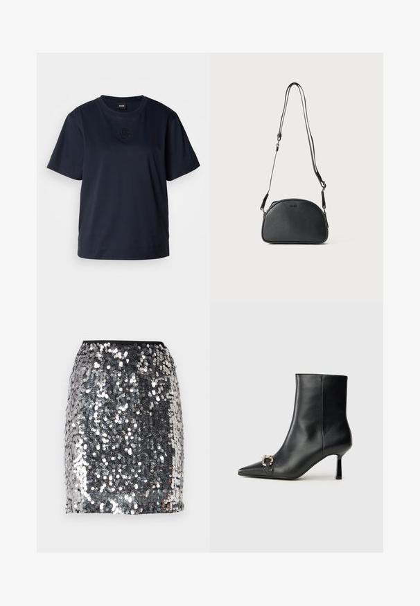 Tumši zila īsām piedurknēm T-kreklu, kas izgatavots no mīksta kokvilnas. Tam ir apaļa apkakle un diskrēts izšūts logos uz krūšu daļas.; Sudraba secināta mini svārku ar pieguļošu melnu jostu. Iezīmējas ar izcili mirdzošu, atstarojošu tekstūru un viļņotu virsmas rakstu.; Melnā ādas potīšu zābaku ar smailu purngalu, šauru vidēja augstuma papēdi un sudraba sprādzi sānos uz vienkrāsaina fona.; Melnas ādas plecu soma ar noapaļotu formu, divām regulējamām siksnām un smalku logotipu priekšpusē. Raksturīga ārējā virsma, minimālisma dizains.