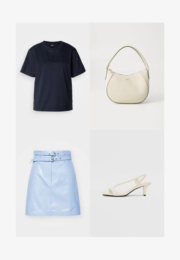 Marineblå kortermet t-skjorte laget av myk bomull. Har en rund halslinning og en subtil brodert logo på brystet.; Lyseblå lær mini skjørt med dobbel beltedetalj, frontlommene og glatt tekstur. Har sølvfargede detaljer og rene linjer.; Beige blokk-høydesandaler med tynne stropper og firkantet tå. Glatt materiale med minimale detaljer, designet for enkel bruk.; Kremfarget håndveske med teksturert overflate, buet form, kort håndtak og gullfarget logo. Glidelås lukking på toppen.