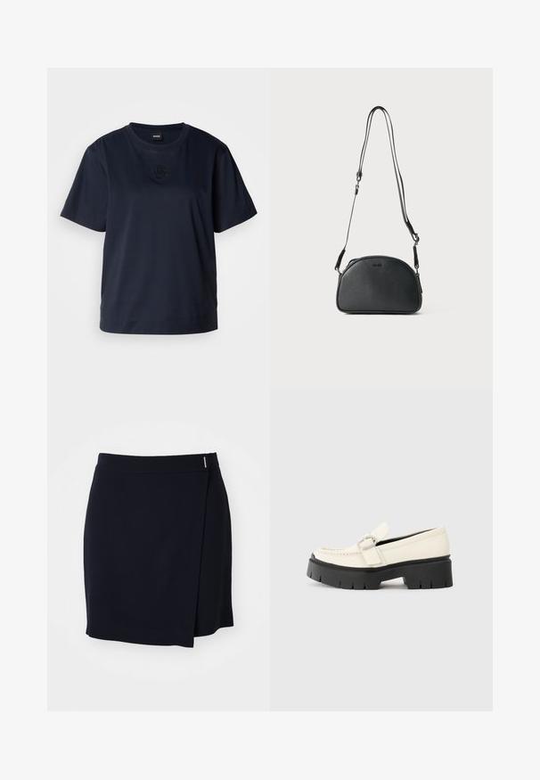 Temno modra kratka majica s kratkimi rokavi, izdelana iz mehke bombažne tkanine. Ima okroglo ovratnico in subtilno vezeno logo na prsih.; Mornarica mini ovitek krila iz gladkega materiala z bočnim razporkom in majhnim kovinskim akcentom na pasu. Čist, minimalističen dizajn.; Bela usnjena loafer čevlja z debelim črnim podplatom, ki ima pravokotno srebrno zaponko in vidne šive na zgornjem delu.; Črna usnjena torbica za čez ramo zaokrožene oblike, z dvema prilagodljivima naramnicama in diskretnim logotipom na sprednji strani. Teksturirana zunanjost, minimalističen dizajn.