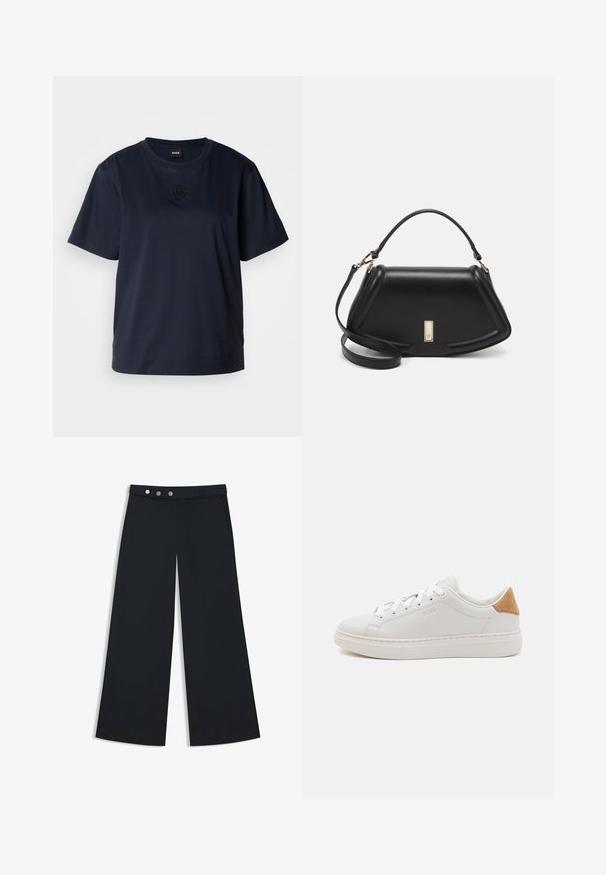 T-shirt a maniche corte blu navy realizzato in morbido cotone. Presenta un colletto rotondo e un logo ricamato discreto sul petto.; Pantaloni neri a gamba larga con una texture liscia, dotati di una vita piatta, chiusura a doppio bottone e tasche laterali.; Sneaker in pelle bianca con superficie liscia, punta rotonda, suola piatta e accento in suede color castano al tallone. Presenta lacci bianchi e dettaglio del logo.; Borsa a mano in pelle nera con un design strutturato, caratterizzata da una forma corta, manico superiore e accessori in metallo dorato. Inclusa tracolla regolabile.