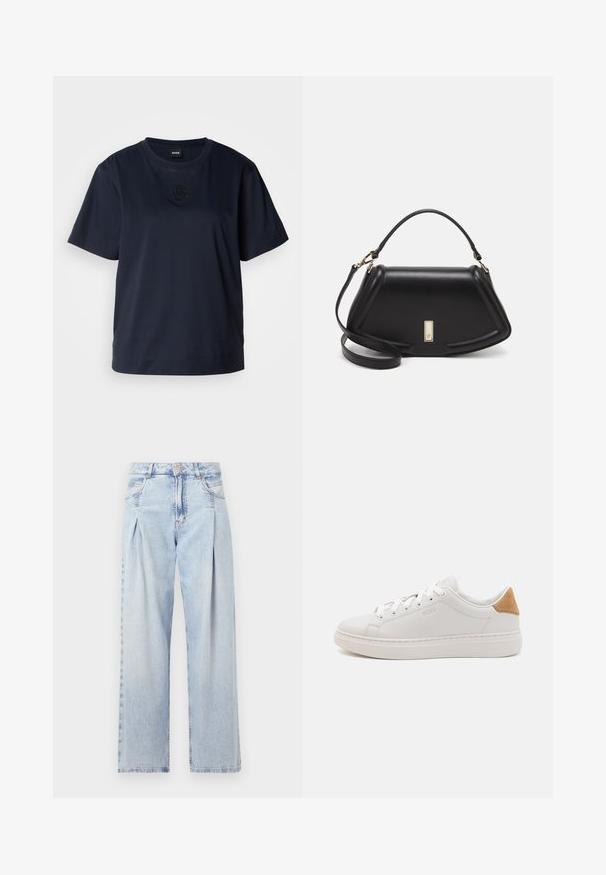 Námořnická modrá tričko s krátkým rukávem vyrobené z měkké bavlny. Má kulatý výstřih a na hrudi je jemně vyšívané logo.; Světlé modré džíny z denimu s vysokým pasem, širokým střihem, dvěma bočními kapsami a nařaseným designem. Měkká textura s vybledlým povrchem.; Bílé kožené tenisky s hladkým povrchem, kulatou špičkou, plochou podrážkou a béžovým semišovým akcentem na patě. Obsahují bílé šněrování a detail loga.; Černá kožená kabelka se strukturovaným designem, jejíž tvar je zkrácený, má horní rukojeť a zlaté kovové detaily. Součástí je i nastavitelný ramenní popruh.