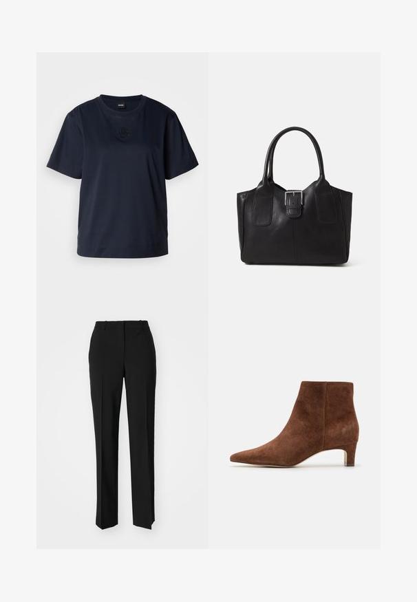 Navy blue short-sleeve t-shirt made of soft cotton. Features a rounded neckline and a subtle embroidered logo on the chest.; Black tailored trousers with a straight-leg design, featuring a smooth texture and crisp creases along the front. No visible hardware.; Anna Field LEATHER - Ankle boots - tan; Black leather tote bag with smooth texture, structured shape, two handles, and a prominent silver buckle detail on the front.