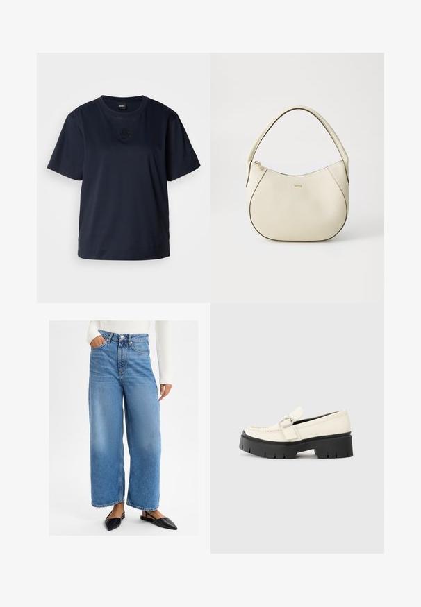 Tamno plava majica s kratkim rukavima od mekanog pamuka. Ima okrugli izrez i suptilan izvezeni logo na prsima.; Svijetloplave traper široke hlače s visokim strukom, dizajn s pet džepova i metalnim kopčanjem. Glatka tekstura i ležeran kroj.; Bijeli kožni loafer s debelim crnim platformom, s pravokutnom srebrnom kopčom i vidljivim šavnim detaljima na gornjem dijelu.; Torbica boje krema s teksturiranim završetkom, zakrivljenog oblika, kratkom ručkom i logotipom u zlatnoj boji. Zatvarač na vrhu.