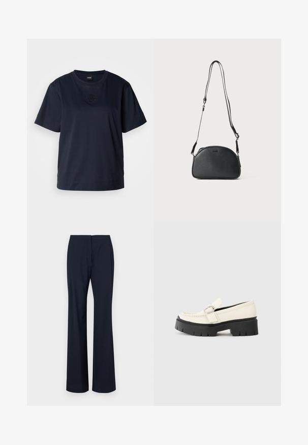 T-shirt bleu marine à manches courtes en coton doux. Il présente un col rond et un logo brodé subtil sur la poitrine.; Pantalons évasés bleu marine en tissu lisse, dotés d'une ceinture propre sans attaches visibles et de lignes tailleur pour un design épuré.; Loafer en cuir blanc avec une semelle plateforme noire épaisse, présentant une boucle rectangulaire en argent et des détails de couture visibles sur la tige.; Sac bandoulière en cuir noir avec une forme arrondie, deux sangles réglables et un logo discret à l'avant. Texture extérieure et design minimaliste.