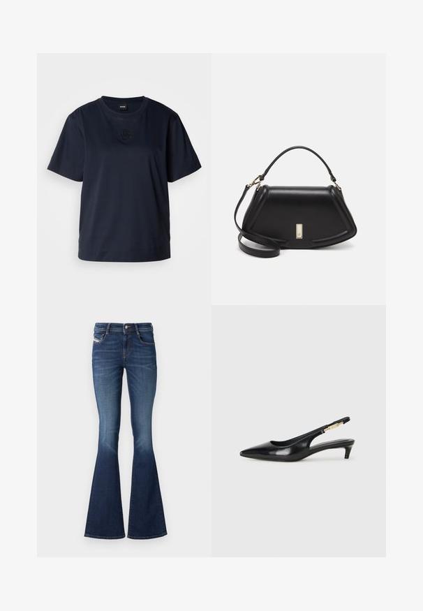 Navy blue short-sleeve t-shirt made of soft cotton. Features a rounded neckline and a subtle embroidered logo on the chest.; Dark wash flared jeans with a mid-rise waist, featuring a classic five-pocket design and subtle fading on the thighs.; Black leather slingback heels with a pointed toe, featuring a slim heel and a gold-tone accent on the adjustable strap. Smooth texture.; Black leather handbag with a structured design, featuring a cropped shape, top handle, and gold hardware accent. Adjustable shoulder strap included.