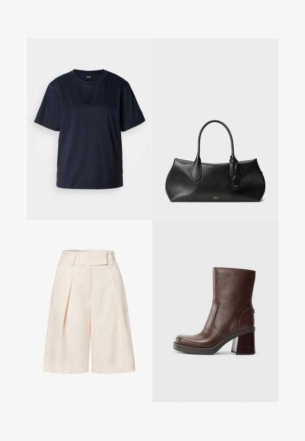 Tamno plava majica s kratkim rukavima od mekanog pamuka. Ima okrugli izrez i suptilan izvezeni logo na prsima.; Kremne kratke hlače krojene po mjeri s visokim strukom, nabranim prednjim dijelom i glatkom teksturom tkanine. Imaju široke, skraćene nogavice.; Smeđa kožna čizme do gležnja s okruglim vrhom, glatkom teksturom i debelim drvenim potplatom. Detalj bočnog šava i suptilan sjaj.; Crna kožna torba s glatkom teksturom, zaobljenog oblika, s dva ručka i malom oznakom koja je pričvršćena. Suptilan zlatni logo brenda na prednjoj strani.