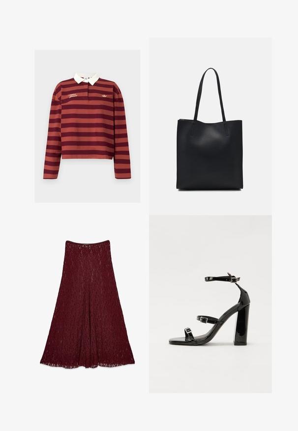 Paita polo pitkähiha, jossa on maroonin ja ruosteen värisiä raitoja sekä valkoinen kaulus. Paita sisältää kultaisena brodeeratun brändäyksen ja pienen logon rinnassa.; Pitkä burgundin värinen pitsihame, jossa on A-linjainen siluetti ja puoliksi läpinäkyvä kukkakuosi.; Musta kiiltävä korkokenkä sandaalit neliönmuotoisella varpaalla, nilkkaremmillä ja hopeisilla soljilla. Varustettu tukevalla lohkokorkealla vakauden takaamiseksi.; Mustapahkainen kangaskassi, jossa on sileä pinta, suorakaiteen muotoinen ja kaksi pitkää kahvaa. Ei näkyvää metalliosaa tai koristeita.