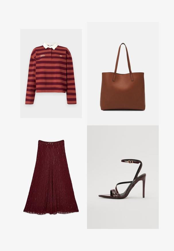 Maroone og rustfarvet stribet langærmet polo skjorte med hvid krave, der har guldbroderet branding og et lille logo på brystet.; Lang burgunderfarvet blonde nederdel med A-line silhuet og semitransparent blomstermønster.; Bordeaux laker læder højhælede sandal med ankelrem, spids tå og tre vandrette remme over foden. Detalje med spænde i guldtonet.; Brun læder tote taske med en glat overflade, åben topdesign og to skulderremme. Har minimal syning og ingen synlig hardware.