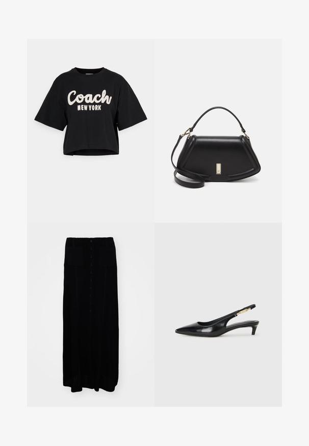 Crna skraćena majica od pamuka, s velikim bijelim natpisom "Coach New York" na prednjoj strani i kratkim rukavima. Glatka tekstura.; Crna pletena duga suknja s prednjim gumbima, dva prednja džepa, teksturiranom tkaninom i ravnim krojem.; Crne kožne sandale s petom, s izduženim vrhom, imaju usku petu i zlatni akcent na podesivoj traci. Glatka tekstura.; Crna kožna torba s strukturiranim dizajnom, s krojenim oblikom, gornjom drškom i zlatnim detaljima. Uključena je podesiva ramena traka.