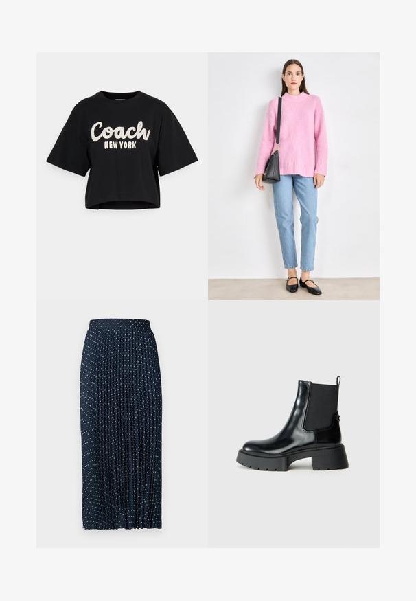 Black cropped t-shirt made of cotton, featuring large white "Coach New York" text on the front and short sleeves. Smooth texture.; Navy pleated skirt with white polka dots, features a structured waistband, flowing fabric, and a full-length design.; Black ankle boots made of shiny leather with elastic side panels, a pull tab, and a chunky rubber sole featuring a textured tread pattern.; Pink fuzzy sweater with high neck, light blue jeans, and black flats. The sweater has a relaxed fit and ribbed cuffs. Black handbag with strap.