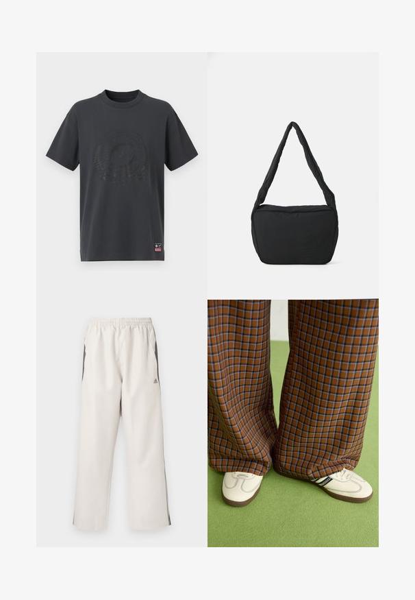 T-shirt de algodão cinza escuro com gola redonda, mangas curtas e um logotipo relevo tonal e elementos decorativos na frente. Pequeno rótulo rosa na bainha.; Calças de desporto de cor bege claro com cintura elástica, bolsos laterais, riscas pretas nas laterais e um logótipo da Adidas na coxa esquerda. Textura do tecido suave.; Calças largas em padrão xadrez castanho e azul, combinadas com sapatos brancos com detalhes pretos e solas texturizadas, contra um fundo verde.; Saco preto de ombro com uma textura almofadada, uma forma arredondada e uma alça larga, apresentando um logótipo em relevo na parte da frente.