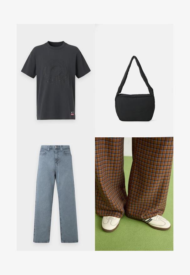 Dark gray cotton t-shirt with crew neck, short sleeves, and a tonal embossed logo and decorative elements on the front. Small pink label at hem.; Light blue denim jeans with a straight leg design, five pockets, metal button closure, and a slightly faded texture.; Brown and blue plaid wide-leg trousers paired with white shoes featuring black accents and textured soles, set against a green background.; Black shoulder bag with a padded texture, a rounded shape, and a wide strap, featuring an embossed logo on the front.