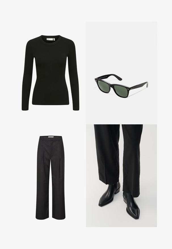 Black long-sleeve ribbed top with a round neckline and fitted design. Fabric appears soft with a slight stretch and subtle texture.; Black wide-leg trousers with a smooth texture, pleated front, belt loops, and a tailored design. Material offers a polished appearance.; Black leather ankle boots with a pointed toe, smooth texture, and a square heel. Paired with black, wide-leg trousers, casting a sleek silhouette.; Black plastic sunglasses with green lenses, square frames, silver accent on the brow, and textured temple arms. Stated brand on inner arm.