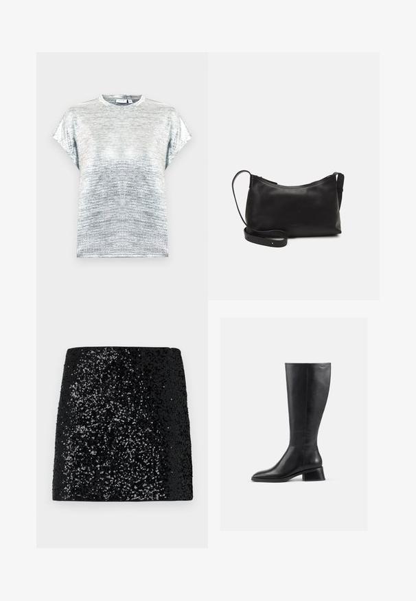 Stříbrné tričko s krátkým rukávem v jemné, lesklé textuře, s kulatým výstřihem a volným střihem. Obsahuje jemný gradientní vzor.; Černá sukně s flitry a texturovaným povrchem, s přechodovým vzorem od hustých po řídce rozmístěné flitry, rovného střihu a bez viditelných zapínání.; Černá kožená bota do výšky kolen s kulatou špičkou a nízkým blokovým podpatkem. Má hladký povrch a minimální švy.; Černá kožená taška přes rameno s hladkým povrchem, zakřiveným tvarem, nastavitelným popruhem a zipovým uzávěrem. Minimalistický design bez zdobení.