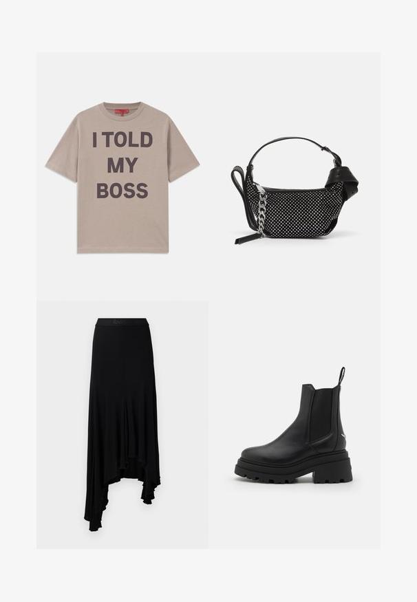 T-shirt en coton beige, à manches courtes, col rond, avec un texte audacieux en noir : "J'AI DIT À MON PATRON" imprimé en évidence sur le devant.; Jupe asymétrique noire avec un ourlet ondulé, fabriquée à partir d'un matériau doux et extensible, dotée d'une large ceinture avec un logo en relief.; Bottines Chelsea noires en cuir lisse avec des panneaux latéraux élastiques, une semelle en caoutchouc épaisse et nervurée, et une languette à l'arrière.; Sac à main noir avec un design texturé, orné de clous en argent et d'une bandoulière en chaîne argentée épaisse. Présente une forme élégante et minimaliste.