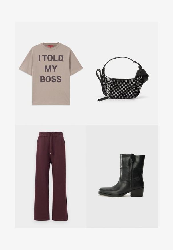 Beige bomulds t-shirt med korte ærmer og rund halsudskæring, prydet med fed mørk tekst: "JEG SAGDE TIL MIN CHEF" trykt tydeligt på forsiden.; Bordeaux brede bukser med elastisk talje, snor og sidelommer. Lavet af blødt, glat stof med en afslappet pasform.; Sort læder ankelstøvle med rundt tå, blokhæl, lynlås i siden og stikninger på vampsiden. Glat tekstur, klassisk design.; Sort håndtaske med en struktureret overflade, prydet med sølvnitter og en kraftig sølv kædedyse. Har en slank, minimalistisk form.
