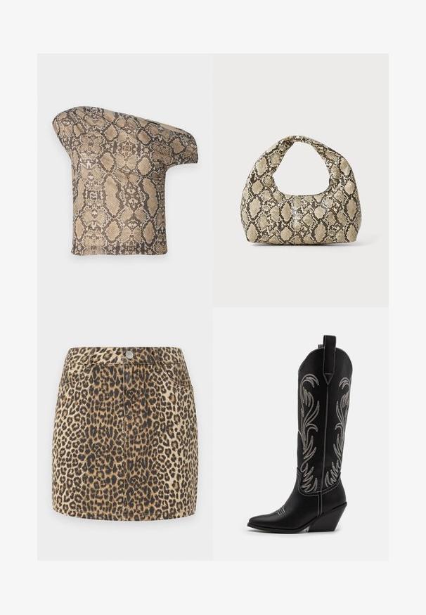 Kankaan pala, jossa on teksturoitu, beige ja ruskea käärmeennahkakuosi, epäsymmetrinen muotoilu, joka on suunniteltu ainutlaatuiseen ja moderniin ilmeeseen.; Hame skirt denimu kuvat leopardimallilla, jolla on tiukka muotoilu, nappisulku ja viisi taskua. Ominaisuuksiin kuuluu teksturoitu kangas vaaleanruskeissa ja mustissa sävyissä.; Mustat nahkasaappaat cowboy-tyyliin, joissa on terävät varpaat, viistot korot ja hopeiset brodeeratut kukkakuviot varressa. Eroava ompelu koko saappaassa.; Käärmeennahkakuosiset käsilaukku, jossa on kaareva kahva. Tehty teksturoiduista beigeistä ja ruskeista materiaaleista, joissa on erottuva timanttikuvio.