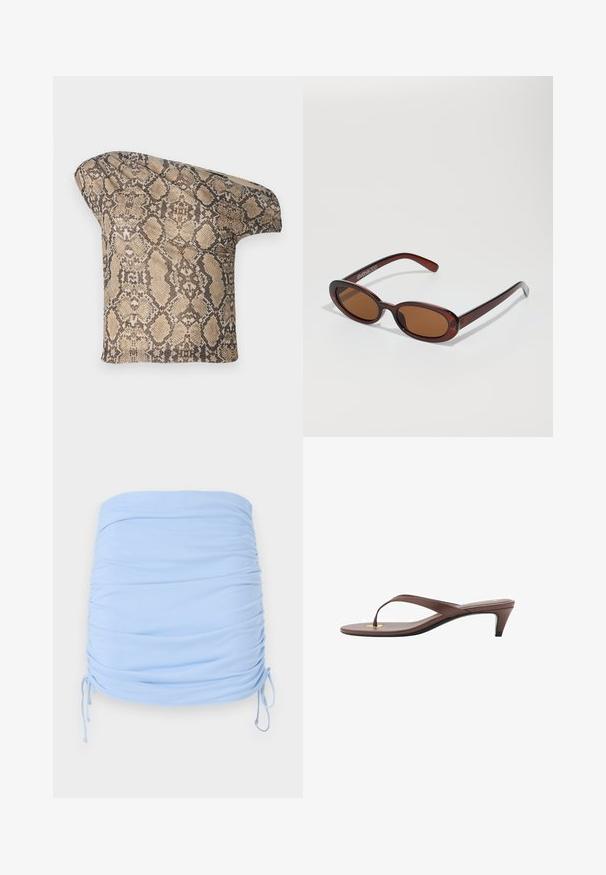 Un morceau de tissu à motif serpent texturé en beige et brun, avec une forme asymétrique, conçu pour un look moderne et unique.; Jupe mini froncée bleu clair en tissu extensible. Elle présente des liens à cordon sur les côtés pour un ajustement réglable et une texture douce.; Sandale à talons brune avec une fine lanière et un entre-doigts arrondi, arborant un petit accent doré sur le semelage.; Lunettes de soleil rondes teinte brun avec une monture bordeaux brillante. Branches fines avec un détail de marque subtil. Design de verres plats.