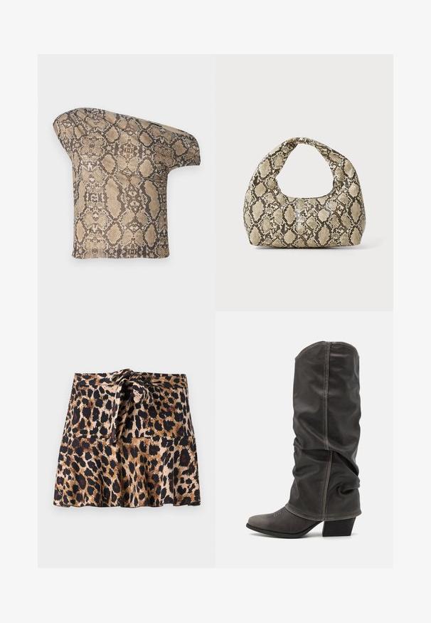 Pezzetto di tessuto a motivo di pelle di serpente beige e marrone, con una texture e una forma asimmetrica, progettato per un aspetto unico e moderno.; Gonna mini in stampa leopardata, realizzata in tessuto morbido, con un design svasato, cintura annodata e macchie nere e marroni a contrasto su sfondo beige.; Stivali in pelle grigia al polpaccio con un design morbido, punta affilata e tacco impilato. Dettagli di cucitura evidenti nell'area della punta.; Borsa a stampa rettile con manico curvo. Realizzata in materiali testurizzati beige e marroni, presenta un distintivo motivo a rombi.