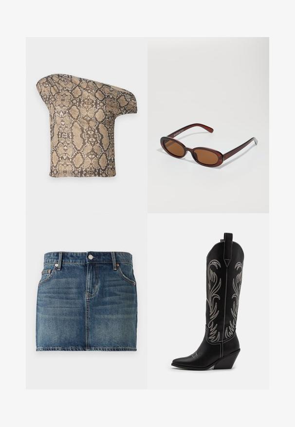 Un morceau de tissu à motif serpent texturé en beige et brun, avec une forme asymétrique, conçu pour un look moderne et unique.; Jupe en denim mini en bleu foncé avec un design à cinq poches, une fermeture à bouton et des accents de couture visibles. Texture lisse avec un léger délavage.; Bottes de cowboy noires en cuir avec des pointes effilées, des talons compensés et des motifs floraux brodés en argent le long du tige. Couture contrastante sur l'ensemble.; Lunettes de soleil rondes teinte brun avec une monture bordeaux brillante. Branches fines avec un détail de marque subtil. Design de verres plats.; Sac à main en motif serpent avec une poignée incurvée. Fabriqué à partir de matériaux texturés beiges et bruns, présentant un motif en diamant distinctif.