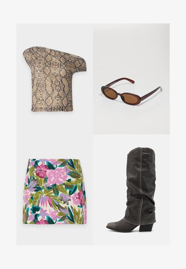 Pezzetto di tessuto a motivo di pelle di serpente beige e marrone, con una texture e una forma asimmetrica, progettato per un aspetto unico e moderno.; Mini gonna con stampa floreale caratterizzata da fiori rosa acceso e lavanda con foglie verdi e blu, realizzata in un tessuto leggero.; Stivali in pelle grigia al polpaccio con un design morbido, punta affilata e tacco impilato. Dettagli di cucitura evidenti nell'area della punta.; Occhiali da sole rotondi con tonalità marrone, montatura lucida color bordeaux. Aste sottili con un sottile dettaglio del marchio. Design delle lenti piatte.; Borsa a stampa rettile con manico curvo. Realizzata in materiali testurizzati beige e marroni, presenta un distintivo motivo a rombi.