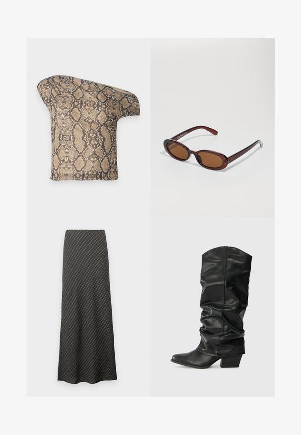 Texturovaný béžový a hnědý kousek látky s hadím vzorem, s asymetrickým tvarem, navržený pro jedinečný, moderní vzhled.; Černá midi sukně s diagonálními bílými pruhy, vyrobená z hladkého materiálu. Má rozšířený design a siluetu ve tvaru A.; Černé kožené vysoké boty po kolena se sklopeným designem, špičatou špičkou a masivním podpatkem, s hladkým povrchem a minimálním šitím.; Kulaté sluneční brýle hnědé barvy s lesklým burgundským rámem. Úzké nožičky s jemným logem. Rovné čočky.; Kabelka s hadím vzorem a zakřiveným držadlem. Vyrobena z texturovaných béžových a hnědých materiálů, s charakteristickým diamantovým vzorem.