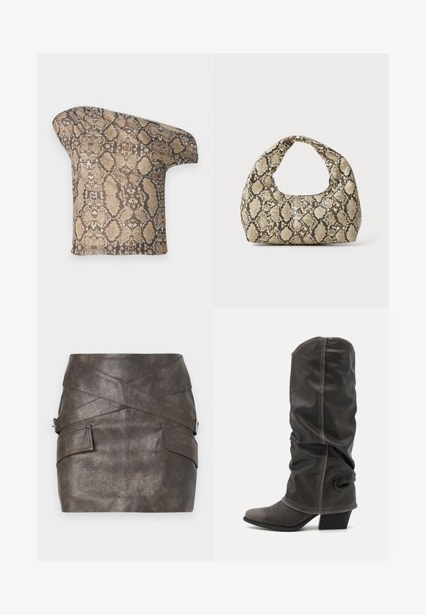 Texturált, bézs és barna kígyóbőr mintázatú szövetdarab, aszimmetrikus formával, amely egyedi, modern megjelenésre készült.; Sötétszürke műbőr mini szoknya aszimmetrikus kialakítással, keresztbe húzódó részletekkel és oldalsó zsebekkel, fémes díszítéssel.; Szürke bőr, térdig érő csizmák, amelyek laza kialakításúak, hegyes orrúak és tornácos sarkúak. Figyelemre méltó varrási részlet az orr részén.; Kígyómintás kézitáska ívelt fogantyúval. Texturált, bézs és barna anyagból készült, jellegzetes gyémántmintával.
