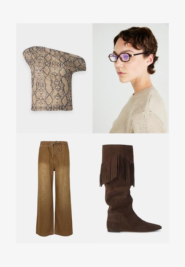 Tkanina s uzorkom zmijske kože u bež i smeškastim tonovima, s asimetričnim oblikom, dizajnirana za jedinstven, moderan izgled.; Smeđe široke hlače s elastičnom gumicom u struku i podesivim špagetom. Napravljene od teksturirane tkanine, s glatkom površinom.; Smeđi zamšni čizmi do koljena sa slobodnim dizajnom, s dugim resicama na gornjem dijelu i šiljastim prstom. Ravna potplata s suptilnim detaljima šivanja.; Mačkastu pravokutnu naočale s ljubičastim lećama; tanke, elegantne okvire; zlatne detalje na sljepoočnicama; teksturirana bež pleta.